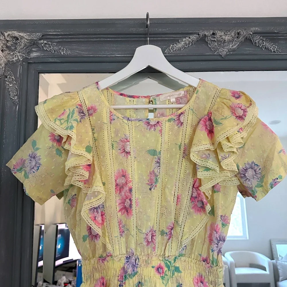 LoveShackFancy Natasha Floral Ruffle Mini Dress Smocked Waist Lace Trim S